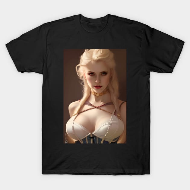 Sexy Blonde Vampire in Corset with Gold Choker T-Shirt by PrancingPeekees